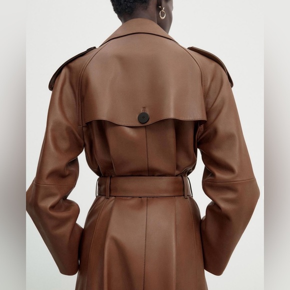 Massimo Dutti leather trench coat brown belted classic casual jacket - Picture 6 of 13